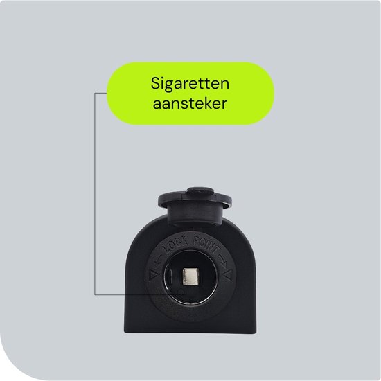 Zwart stopcontact met "LOCK POINT" en "SIGARETTEN AANSTEKER" tekst.