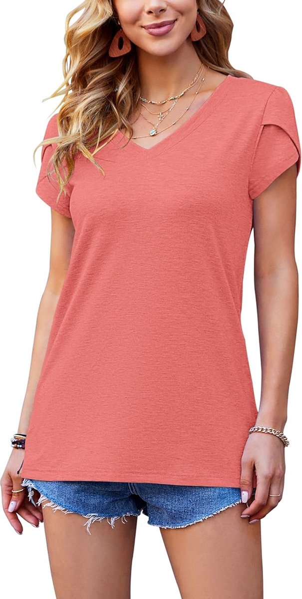 Mouwen voor Dames Elegante Top Casual Dagelijks Klassiek Shirt Causal Printing V Neck Top Shirt Petal Sleeves Corail Coraille