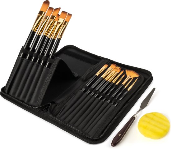 Luxe Pinceaux avec spatule et éponge - convient pour peinture acrylique, peinture à l'huile, aquarelle et gouache - 15 pinceaux professionnels en coffret luxe - Peinture, Modélisme