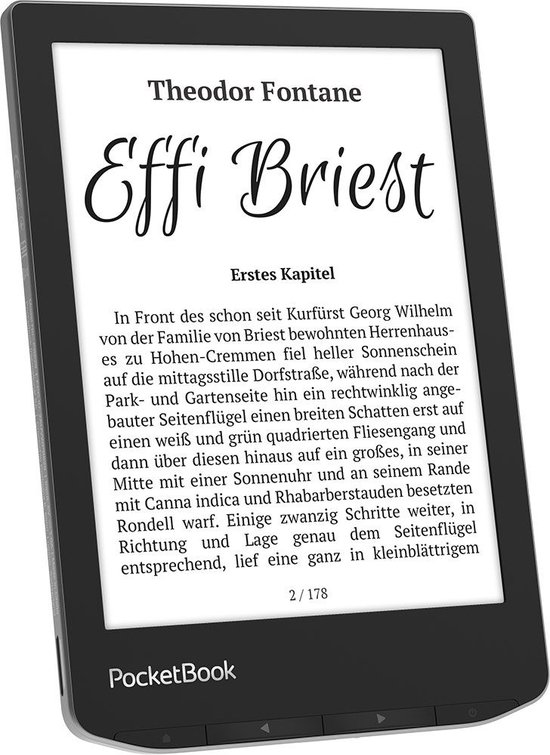 PocketBook e-reader met de titel 'Effi Briest' en de eerste hoofdstuktekst.