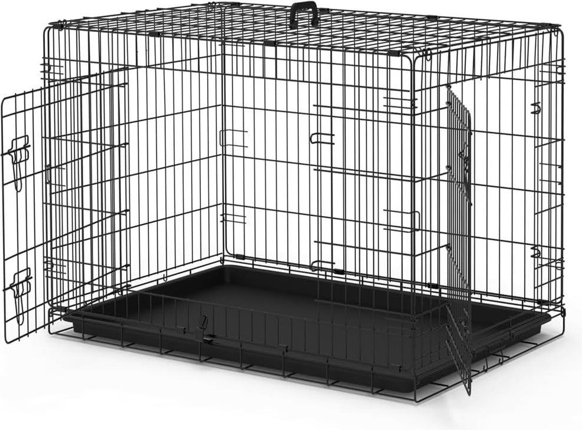 Opvouwbare hondenkooi - 2 afsluitbare deuren - Afneembaar dienblad - Transportkooi honden - 92 x 58 x 64 cm - Zwart
