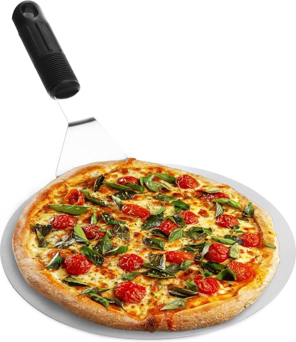 Roestvrij stalen pizzaschep met kunststof handvat voor pizza tarte flambée en brood zilver zwart rond