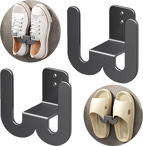 IGTOPS 10 stuks schoenenrek voor pantoffels, wandmontage, zonder boren, wandslipper, opslag, schoenenrek, wandschoenenhouder, organizer om op te hangen, schoenenrek (zwart