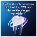 Een tand met een lichtgevende gloed, omringd door gekleurde ringen. Tekst: Klinisch bewezen tot 87% verkleuringen te verwijderen.