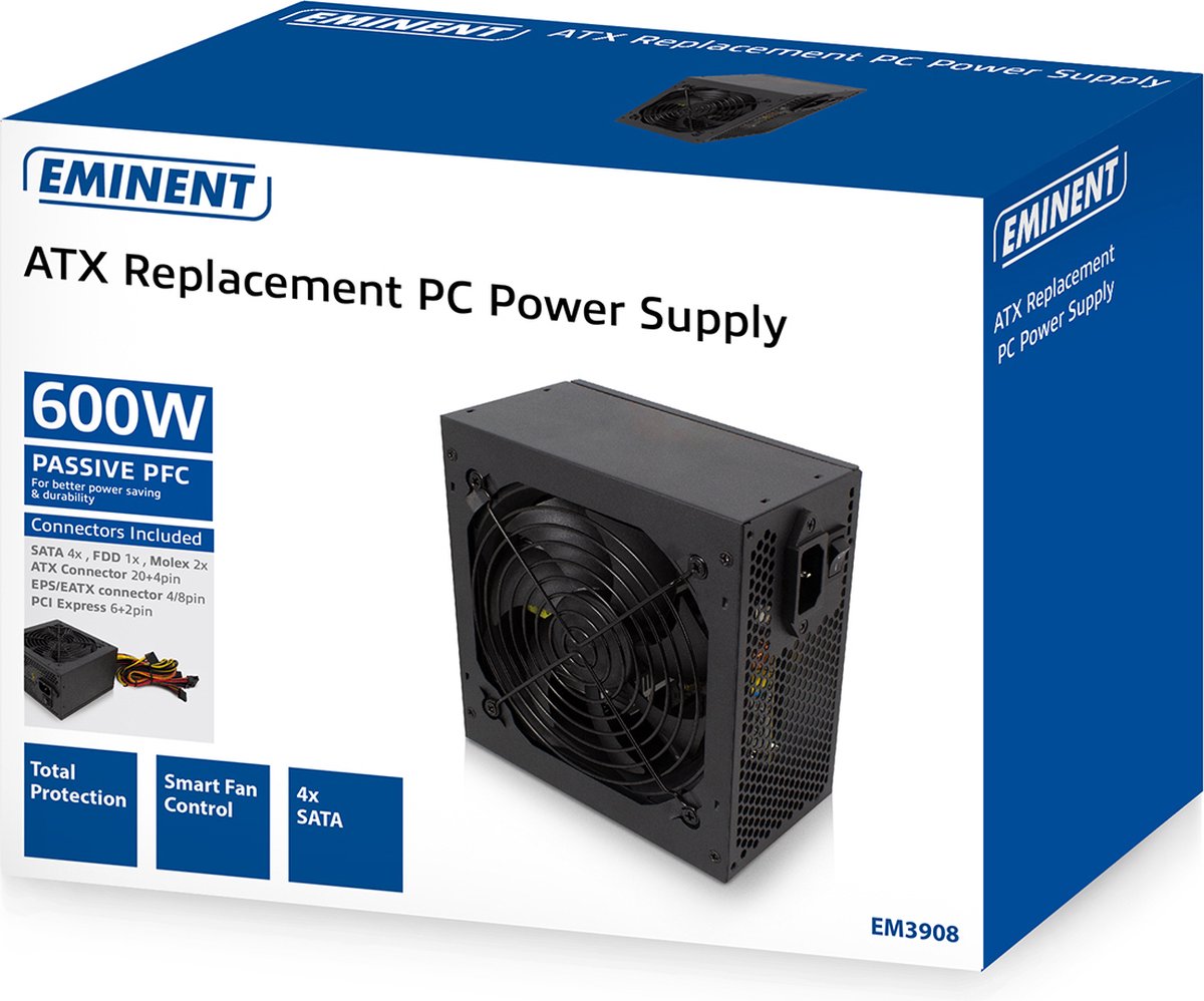 Eminent Em3908 | 600 Watt Atx Voeding | 20+4 Pins | Actieve Koeling | Zwart - afbeelding 4