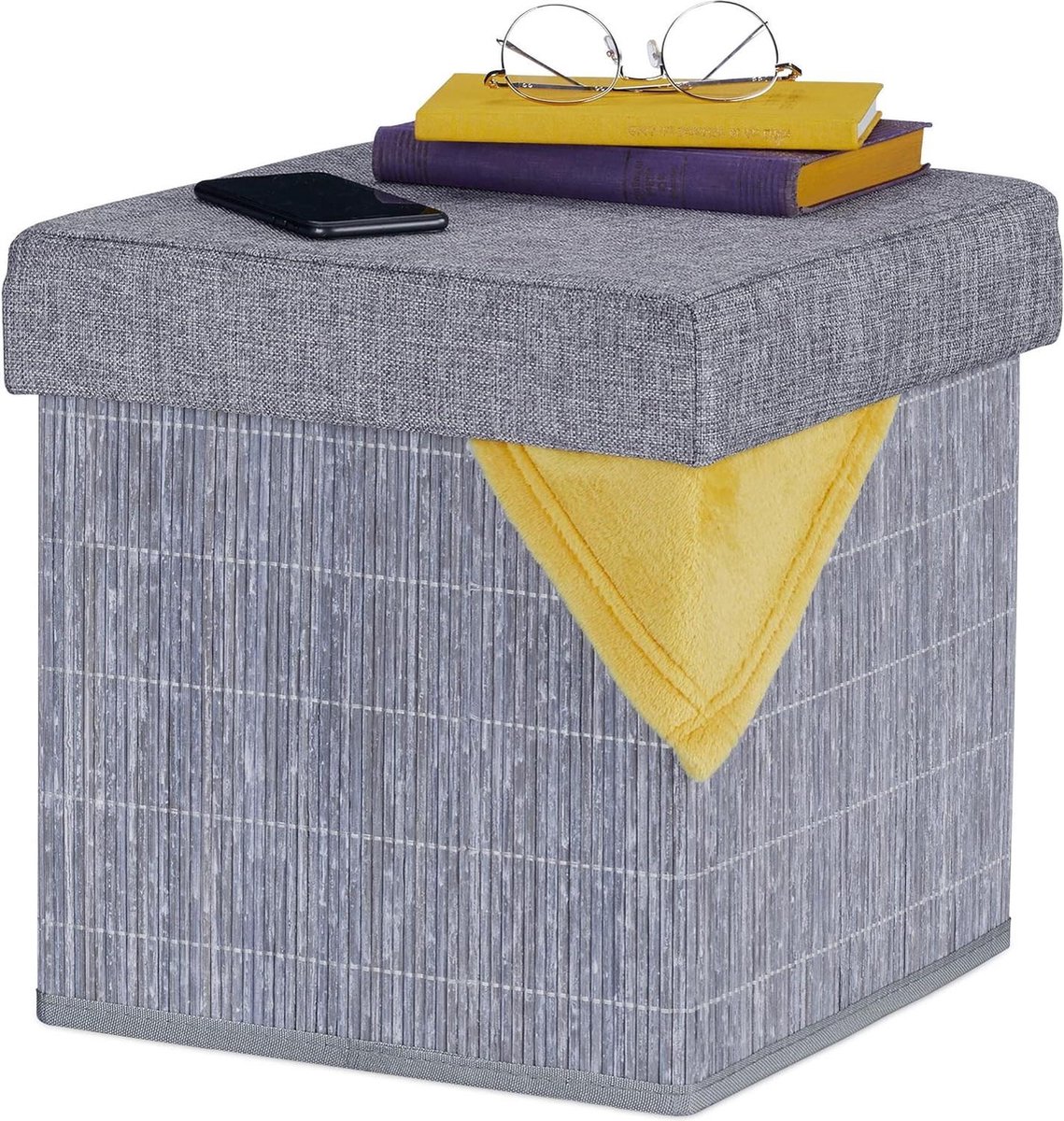 Opvouwbare bamboe poef met opbergruimte grijs - 36x35x35 cm