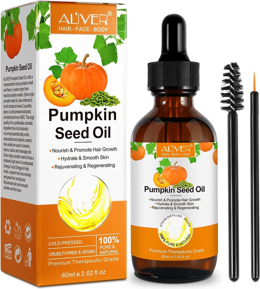Pompoenpitolie voor haargroei, biologische pompoenpitolie voor haar, 100% puur koud geperst, massageolie voor wenkbrauwen en wimpergroei, huidverzorging, 60 ml
