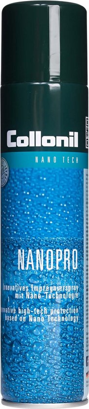 Groene spuitbus met Collonil logo en "NANOPRO" op een blauw, waterdruppel-achtig label.