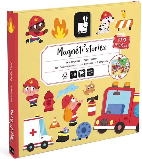 Boîte Janod Magneti Stories "Pompiers". Contient 30 aimants sur le thème des pompiers.