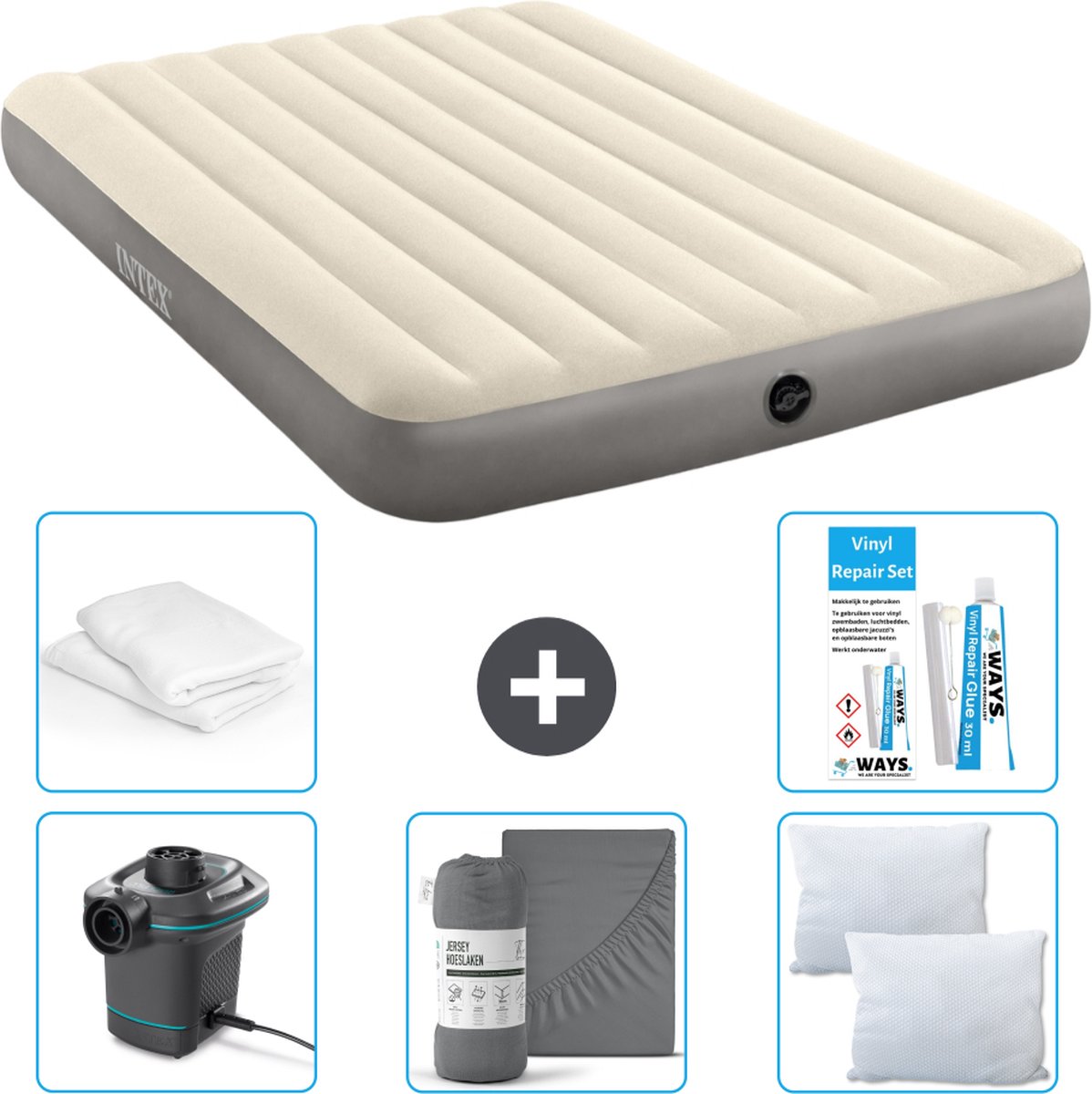Intex Luchtbedset - 2-Persoons - 152 x 203 x 25 cm - Beige + Accessoires