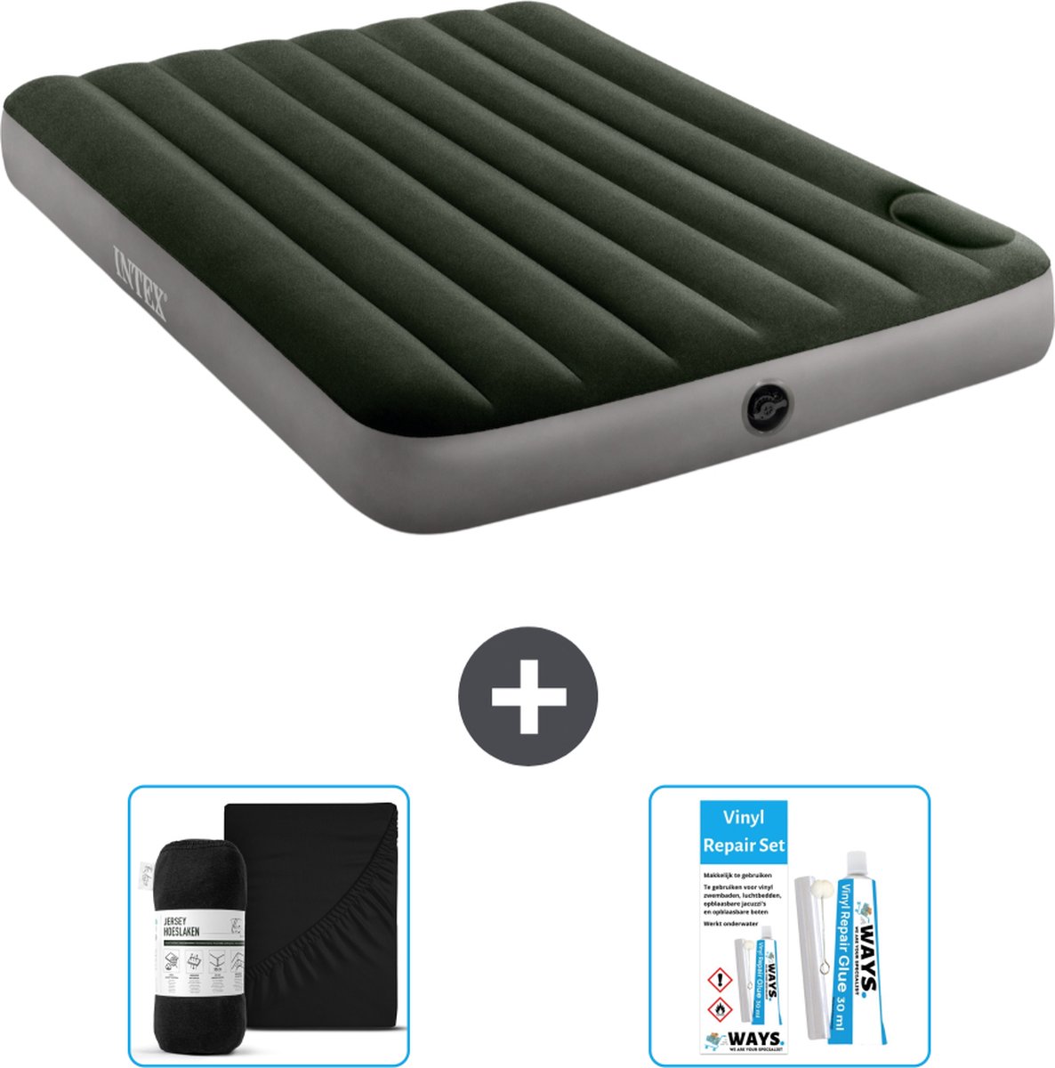 Intex Luchtbedset- Twijfelaar - 137 x 191 x 25 cm - Groen - Met ingebouwde voetpomp + Hoeslaken Zwart + Reparatieset