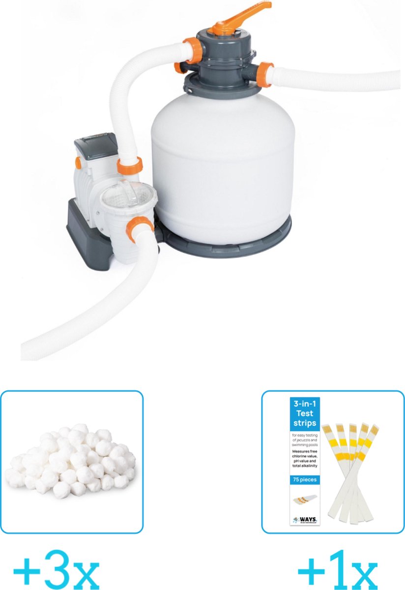 Bestway Zandfilterpomp 58497 5.678 liter per uur inclusief Intex Filterbollen Geschikt voor zandfilterpomp 29045 (3 stuks) & WAYS Testrips (1 stuks)