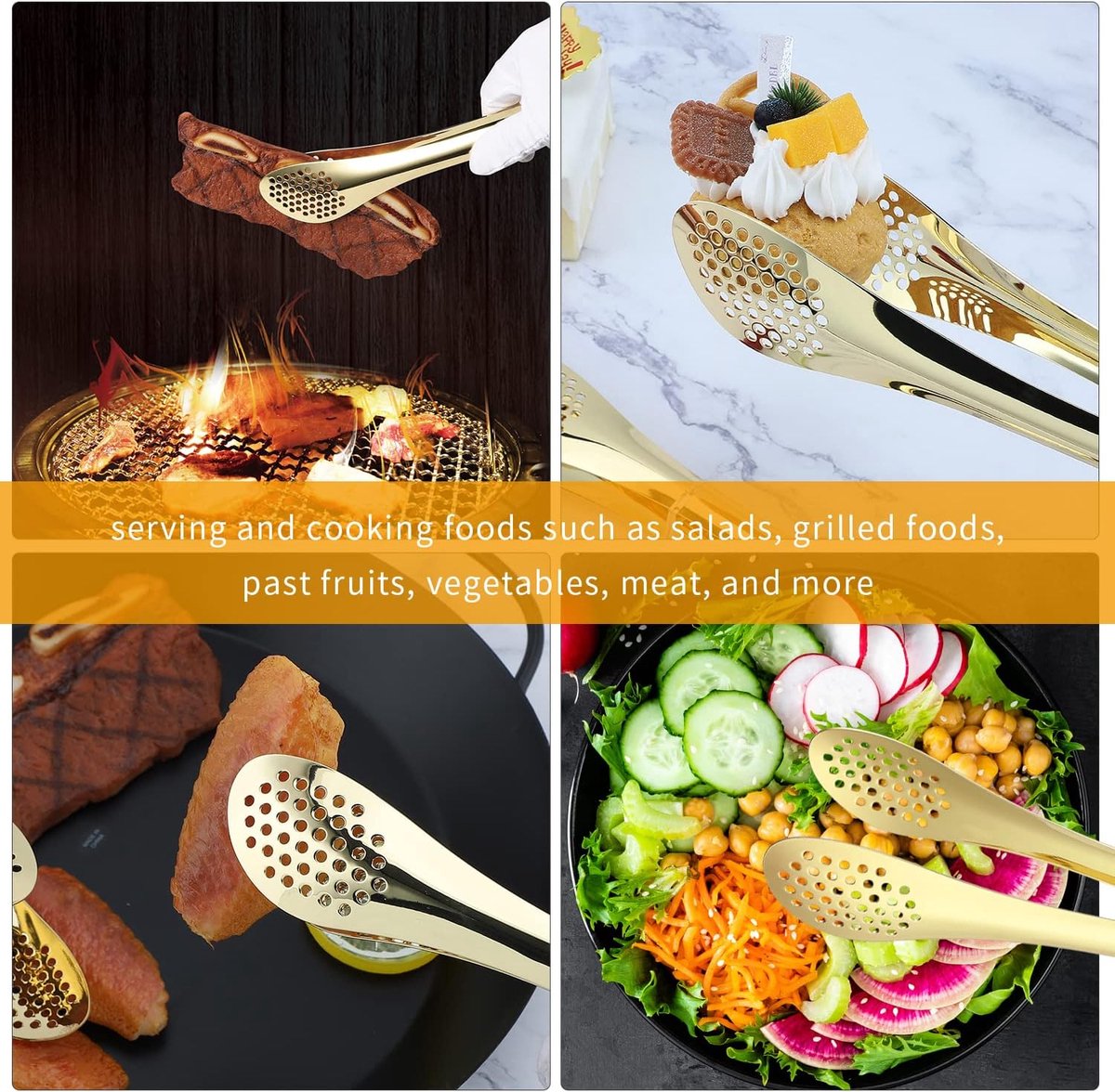 Keukentang Vleestangen Gastronomische Tang Geschikt voor de keuken, restaurant,buitengrill,gastronomisch buffet,Voor koken,grillen,salade,oven,buffet,zelfbedieningsgrill,24cm,zilver,4 stuks
