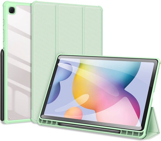 Lichtgroene tablethoes met S Pen, staand in filmmodus met open flap en op de achterkant.