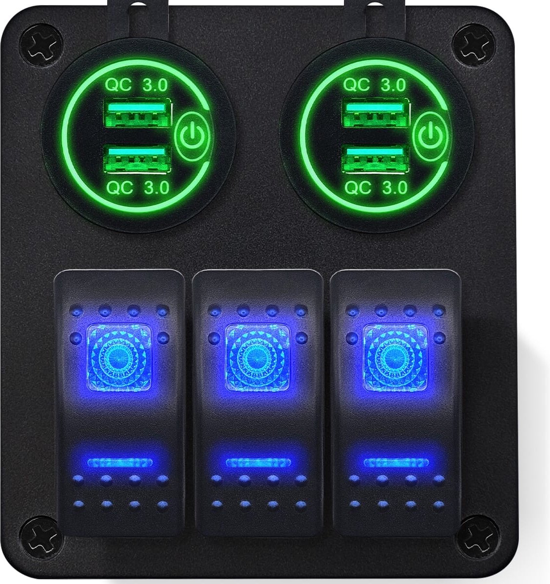 ProRide Schakelpaneel 12V voor Auto/Boot - USB Stopcontact 4 Poorten met Schakelaar - QC3.0 - PUSB1QC-G - 3 schakelaars - Groen