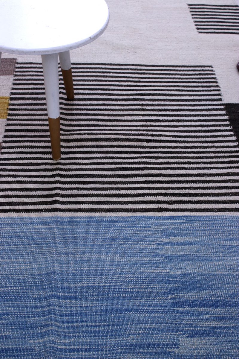 Blauw Tapijt Laagpolig Handgeweven Wollen Vloerkleed - Koho Afghan Modern Kelim 230x156 - 230x156cm- Modern - Woonkamer - Salon - Slaapkamer - Eetkamer
