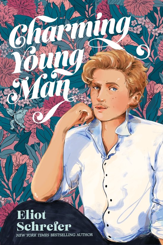 Charming Young Man van Eliot Schrefer. Een illustratie van een jonge man met blond haar, blauwe ogen en een snorretje, in een wit overhemd, met een bloemenachtergrond.