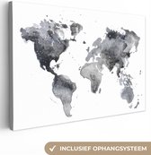 Canvas Wereldkaart - 150x100 - Wanddecoratie Wereldkaart - Abstract - Grijs - Waterverf