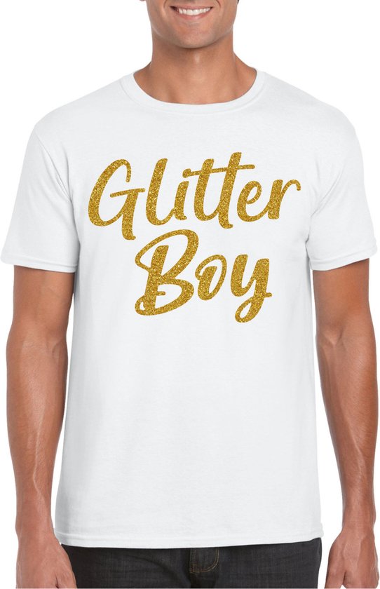 Bellatio Decorations Verkleed T-shirt voor heren - glitter boy - wit - goud glitter - carnaval M