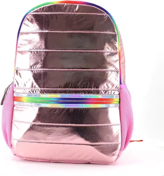 Foto: Joya kids metallic schooltas rugzak meisje roze rugtas met regenboog rits backpack meisje 44 x 29 cm