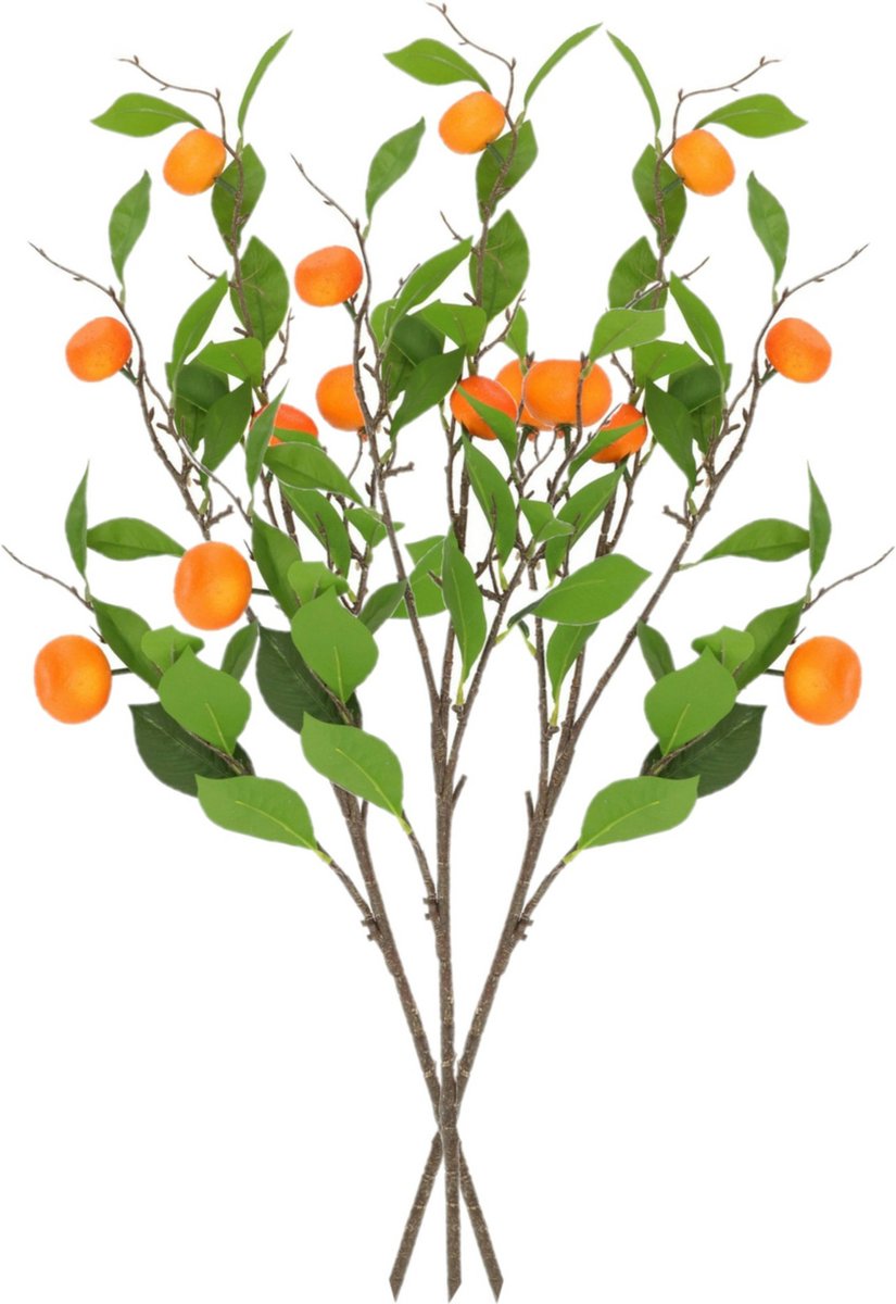DK design Kunstbloem citrusfruit tak mandarijn/clementine - 3x - 80 cm - oranje - losse steel - Kunst zijdebloemen