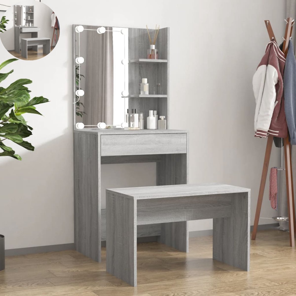 GranMaison Kaptafel met spiegel en verlichting - Make up tafel - Make up - Toilettafel -Met lades - Bankje - Grijs sonoma eiken