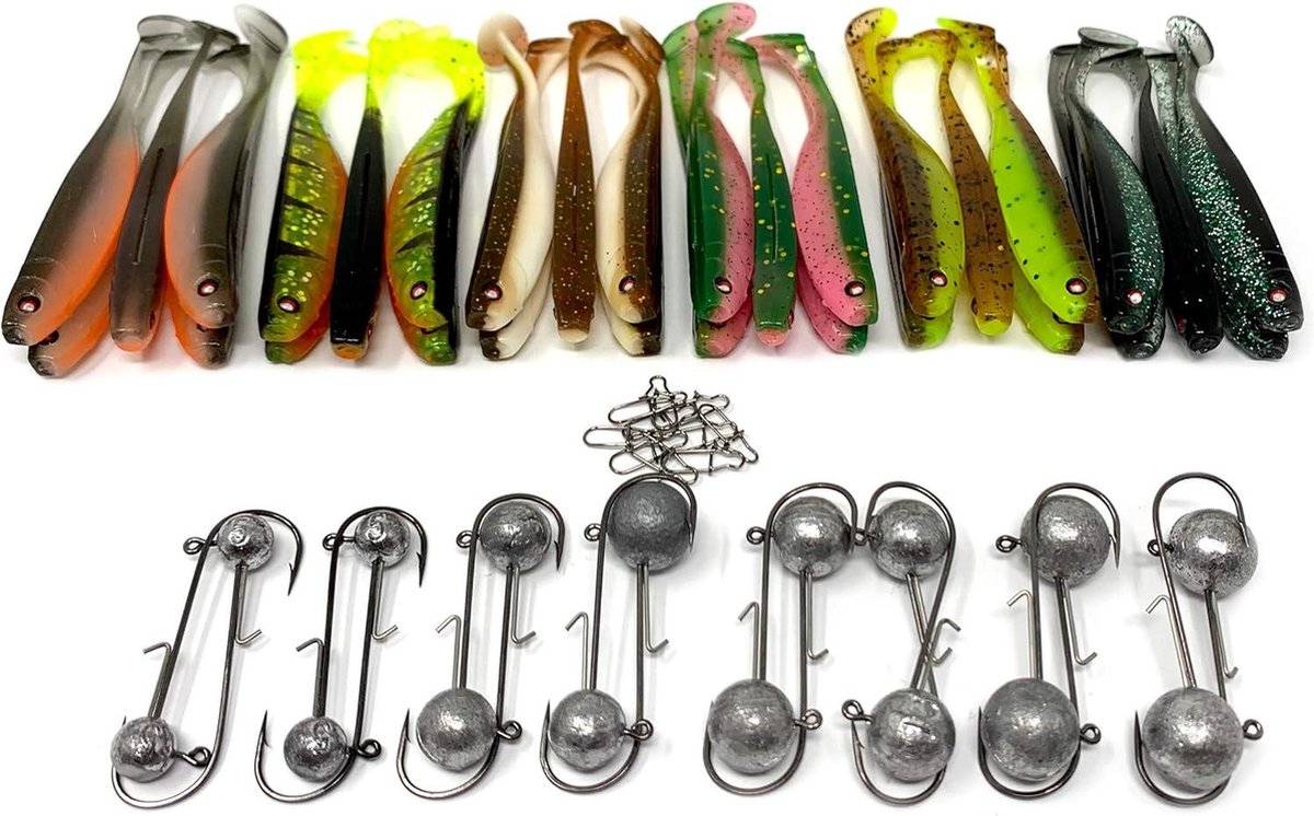 Hechtset Zanderfang Rubberen vis box - rubberen vissen met jigkop voor snoekbaars - 30 snoekbaarzen rubberen vissen - 6 kleuren - 95 cm - 16 jigkoppen maat 2/0 - 5-20 gram - 10 hangers - snaps Hechtset