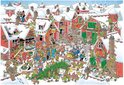 Puzzel van een winterdorp van de Kerstman, vol kerstelfen die met kerstbomen en versieringen bezig zijn. Veel details en kleurrijke figuren.