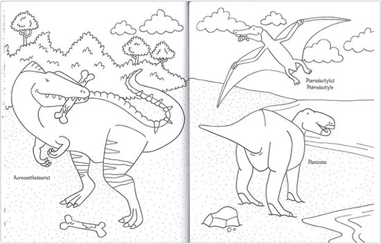 Een open kleurboek met illustraties van twee dinosaurussen: links een Acrocanthosaurus die op een bot kauwt, rechts een Pterodactylus en een Pterodactylus.