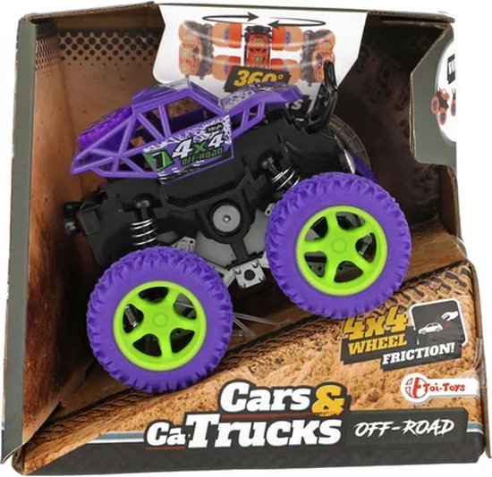 Paarse monstertruck met limegroene velgen, in een 'Cars & Trucks Off-Road' verpakking. "360° Stunts".