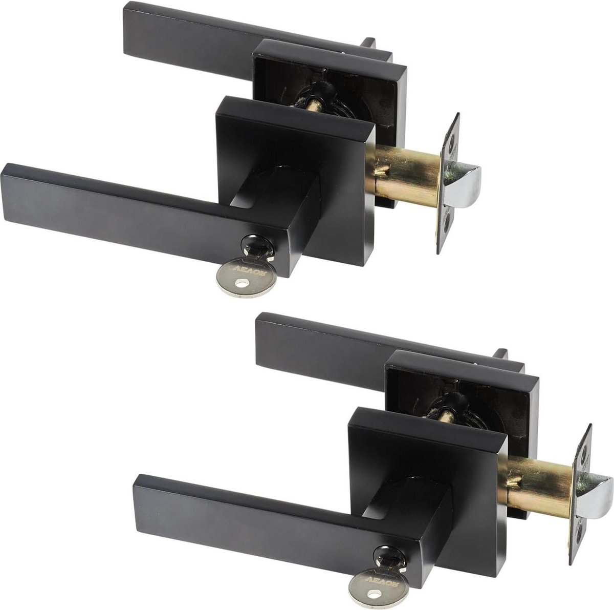 Entry Knobs Lock and Key - Black Square Contemporary Door Handle Set, 2 Pcs