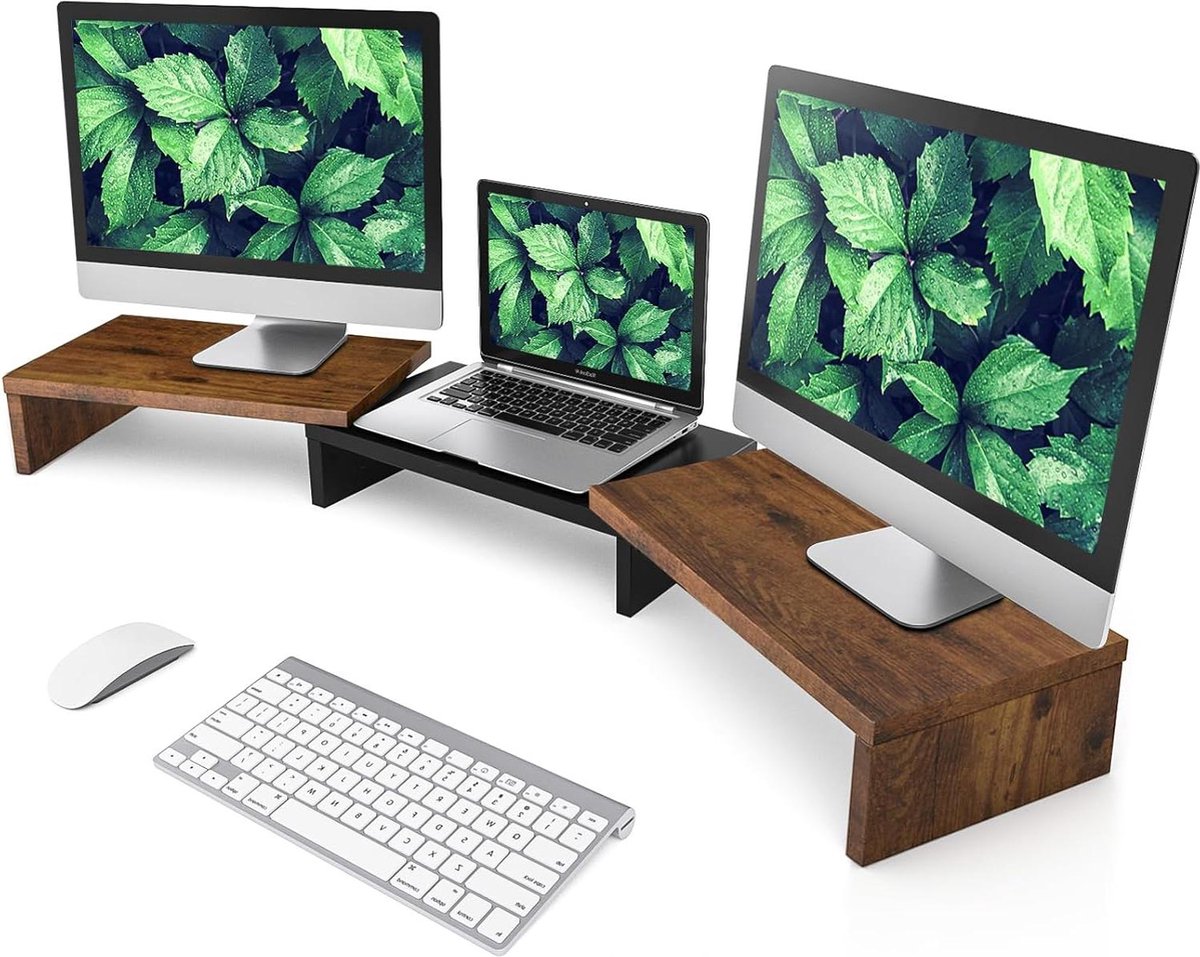 Dual Monitor Stand Riser - Verstelbare Lengte & Draaihoek - Houten Desktop Organizer Stand - Multifunctionele Computer Organiser voor 2 Monitoren, Laptop, PC, Printer - Bruin