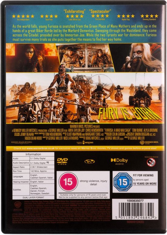 Furiosa: Een Mad Max Saga DVD-hoes achterkant met filminfo en beelden van motoren en actie.