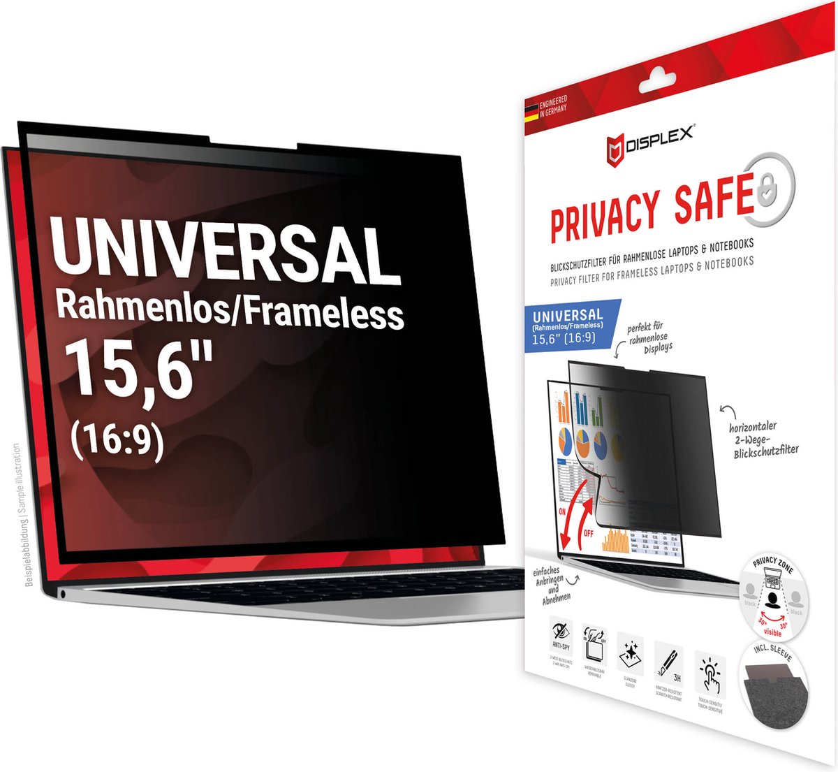 Displex 01993 schermfilter 39,6 cm (15.6") Laptop Randloze privacyfilter voor schermen 3H