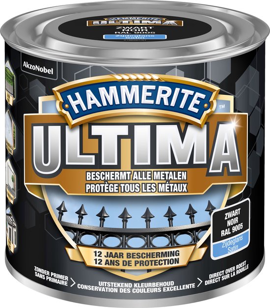 Blik Hammerite Ultima verf, zwart RAL 9005 zijdeglans. Beschermt alle metalen 12 jaar.