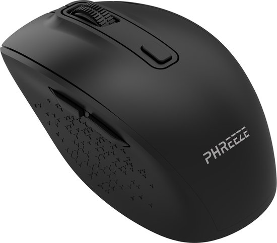 Zwarte draadloze muis met geribbelde scroll-wheel en PHREEZE logo.