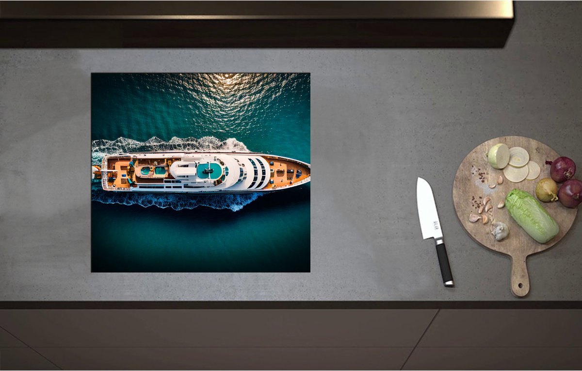 Inductieplaat Beschermer - Bovenaanzicht van Varend Cruiseschip - 57x52 cm - 2 mm Dik - Inductie Beschermer - Bescherming Inductiekookplaat - Kookplaat Beschermer van Zwart Vinyl