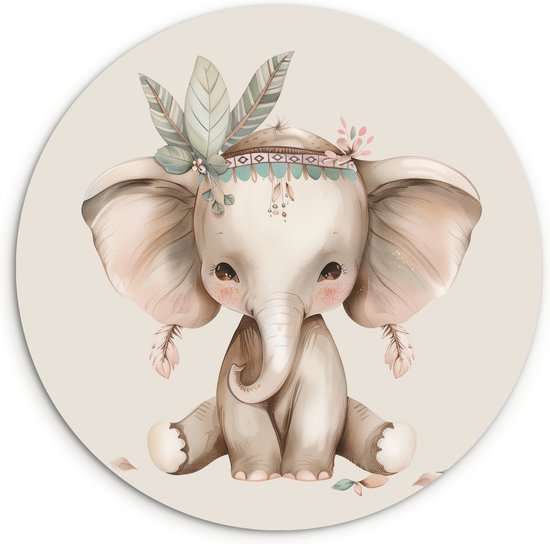 WallCircle® Wandcirkel 30x30 cm - Muurcirkel Olifant - Bohemian - Dieren - Boho - Illustratie - Kinderkamer - Babykamer - Muurdecoratie woonkamer - Wanddecoratie slaapkamer - Kamer decoratie accessoires - Ronde schilderijen binnen