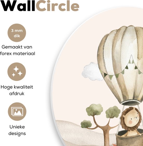 WallCircle® Wandcirkel 60x60 cm - Muurcirkel Luchtballon - Leeuw - Watercolor - Safari - Dieren - Kinderkamer - Babykamer - Muurdecoratie cirkel woonkamer - Wanddecoratie slaapkamer - Kamer decoratie accessoires - Ronde schilderijen