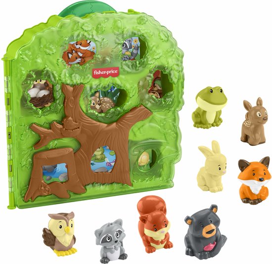 Groene draagkoffer, open, in de vorm van een boom met zeven holtes met dierenfiguren erin.