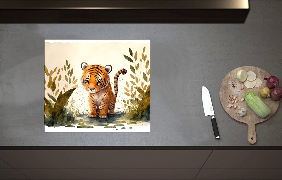 Inductieplaat Beschermer - Cartoon Tekening van Tijger Welpje tussen de Planten - 57x50 cm - 2 mm Dik - Inductie Beschermer - Bescherming Inductiekookplaat - Kookplaat Beschermer van Zwart Vinyl