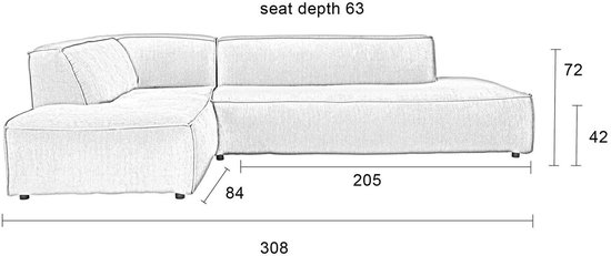 Dessin schématique d'un canapé d'angle beige avec dimensions.