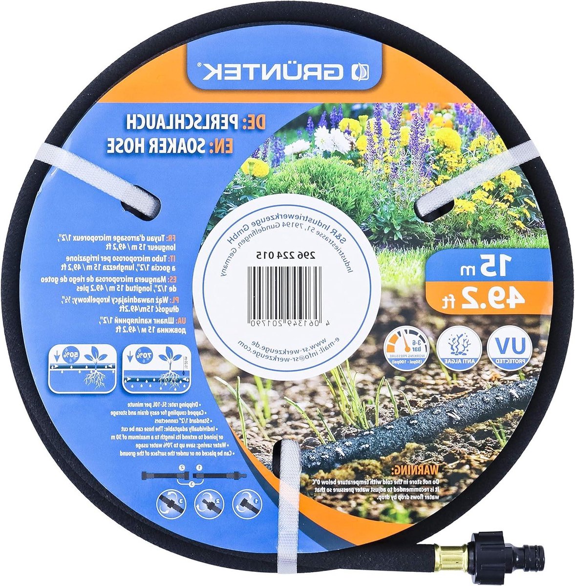 Poreuze Soaker Slang Irrigatie Lijn 15m - Druppelsnelheid 5L-10L per min - 1/2" Connector
