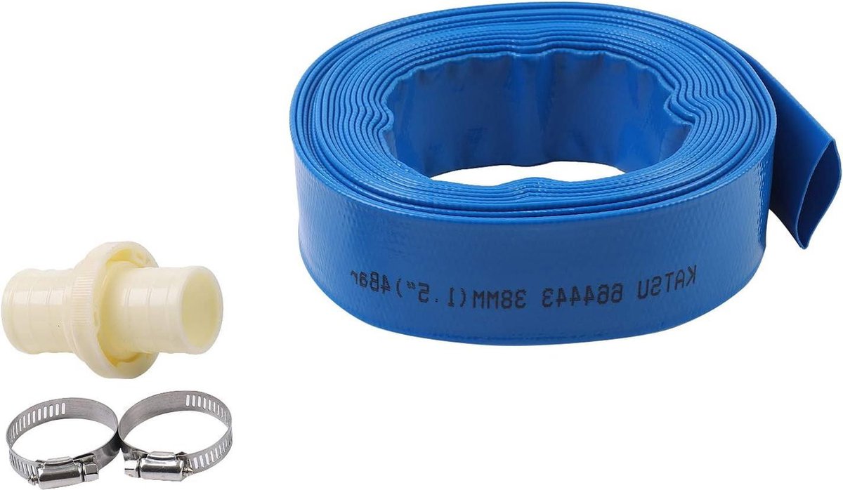 Platte afvoerslang met 2 klemmen en snelkoppelingsaansluiting - voor dompel- en andere waterpompen - vijvers tuinirrigatie - blauw - 10 m x 38 mm