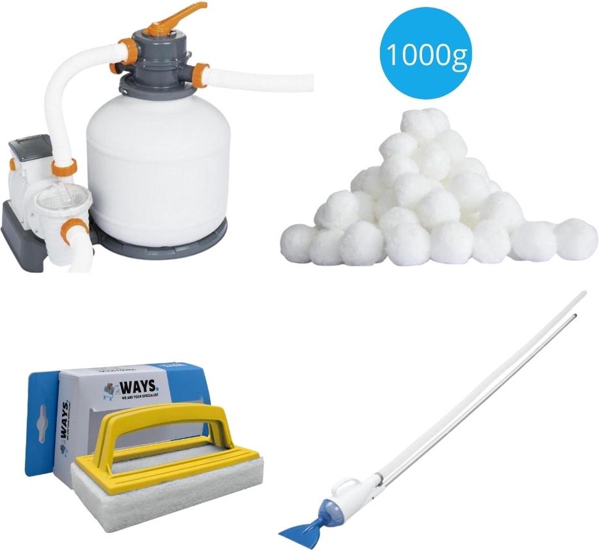 Bestway - Zwembadstofzuiger AquaCrawl & Zandfilterpomp 5678 L/u & Filterbollen 1000 g & WAYS Scrubborstel