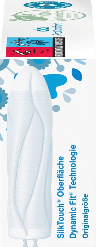 Een tampon met blauwe spiraallinten, "SilkTouch® Oberfläche Dynamic Fit® Technologie Originalgröße".
