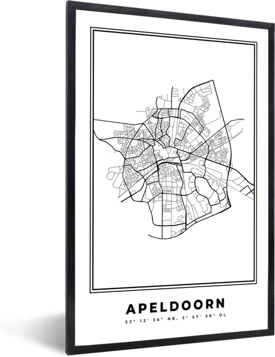 Fotolijst incl. Poster Zwart Wit- Nederland – Apeldoorn – Stadskaart – Kaart – Zwart Wit – Plattegrond - 20x30 cm - Posterlijst