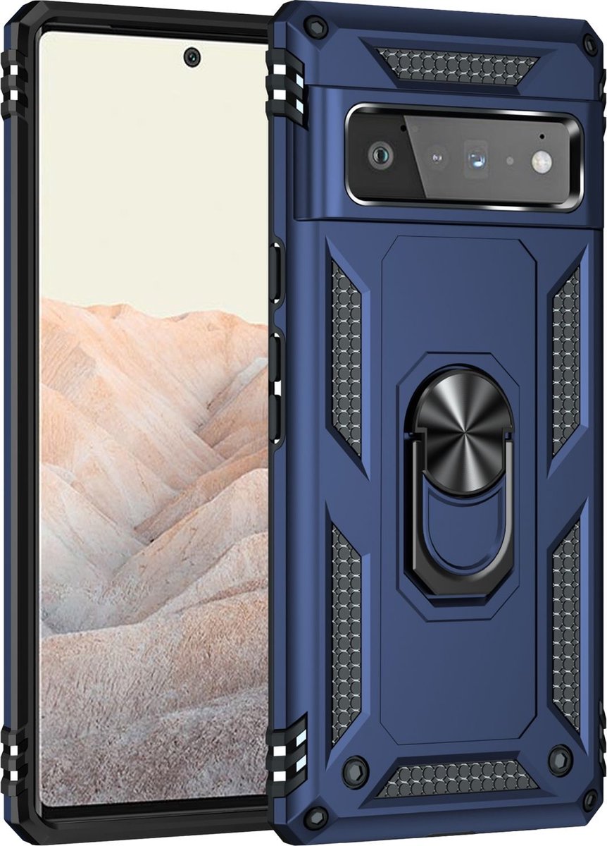 Mobigear Hoesje geschikt voor Google Pixel 6 Pro Telefoonhoesje Hardcase | Mobigear Armor Ring Backcover Shockproof met Ringhouder | Schokbestendig Pixel 6 Pro Telefoonhoesje | Anti Shock Proof - Blauw