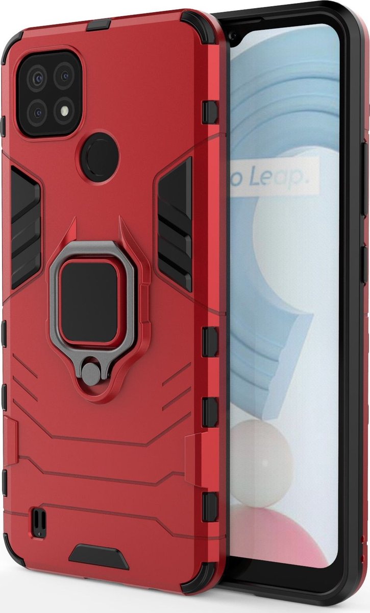 Mobigear Hoesje geschikt voor Realme C21 Telefoonhoesje Hardcase | Mobigear Armor Ring Backcover Shockproof met Ringhouder | Schokbestendig C21 Telefoonhoesje | Anti Shock Proof - Rood