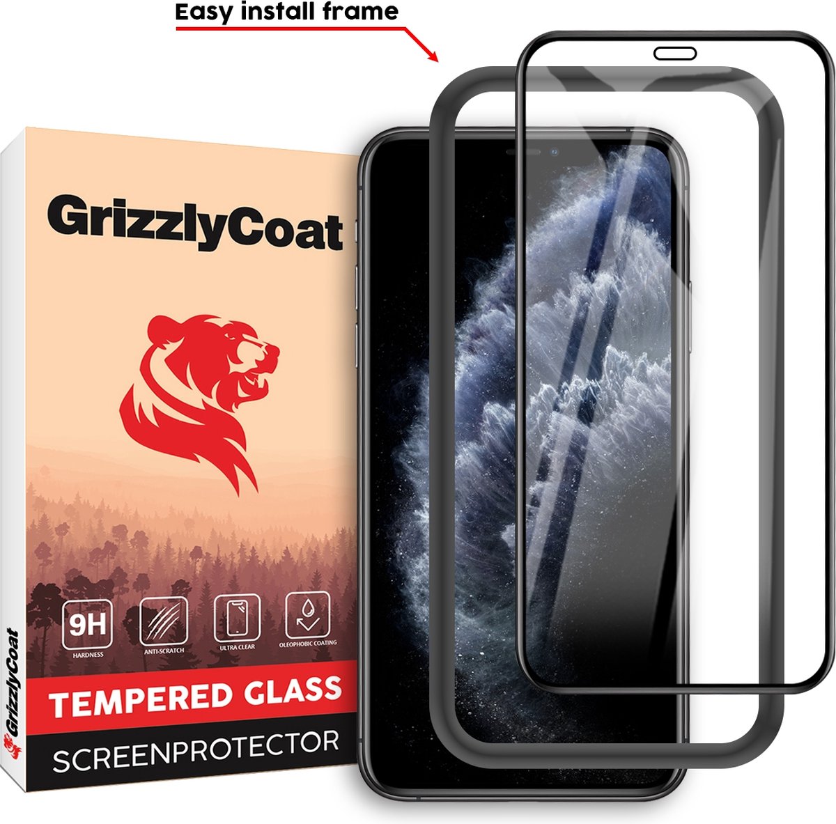GrizzlyCoat - Screenprotector geschikt voor Apple iPhone XS Glazen | GrizzlyCoat Easy Fit Screenprotector - Case Friendly + Installatie Frame - Zwart